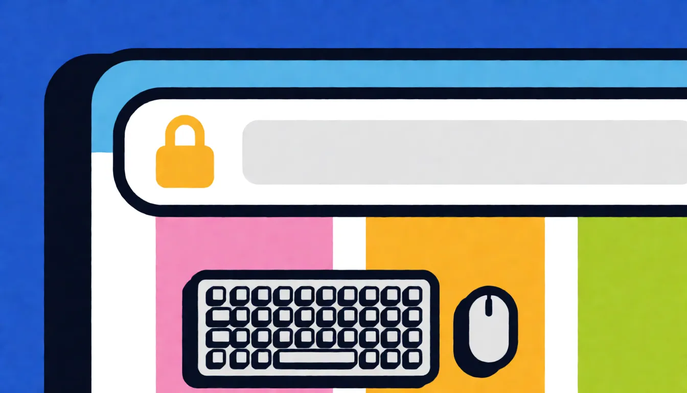 A close-up of a browser address bar on a desktop monitor showing a padlock icon beside a web address, with a keyboard and mouse in the foreground.