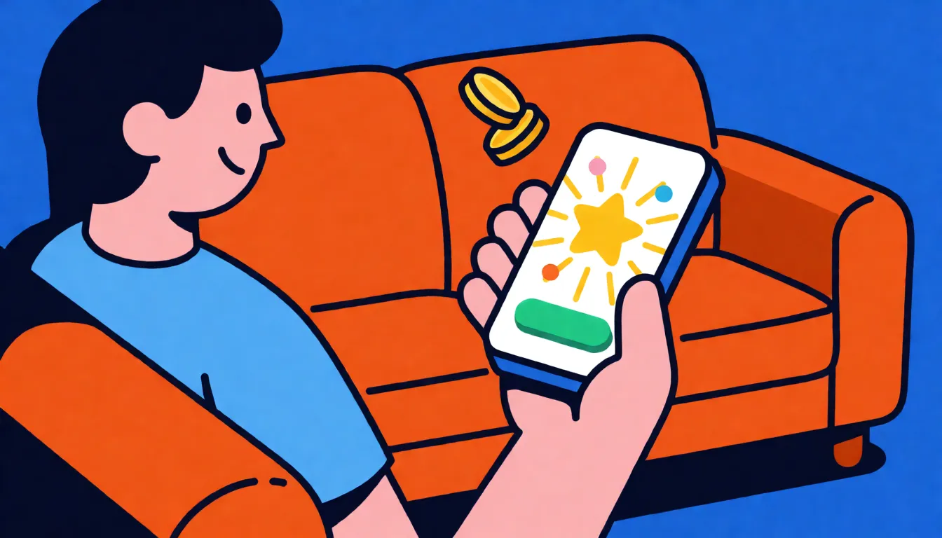 A person on a sofa holding a phone that shows a colorful mobile game with a level-up screen
