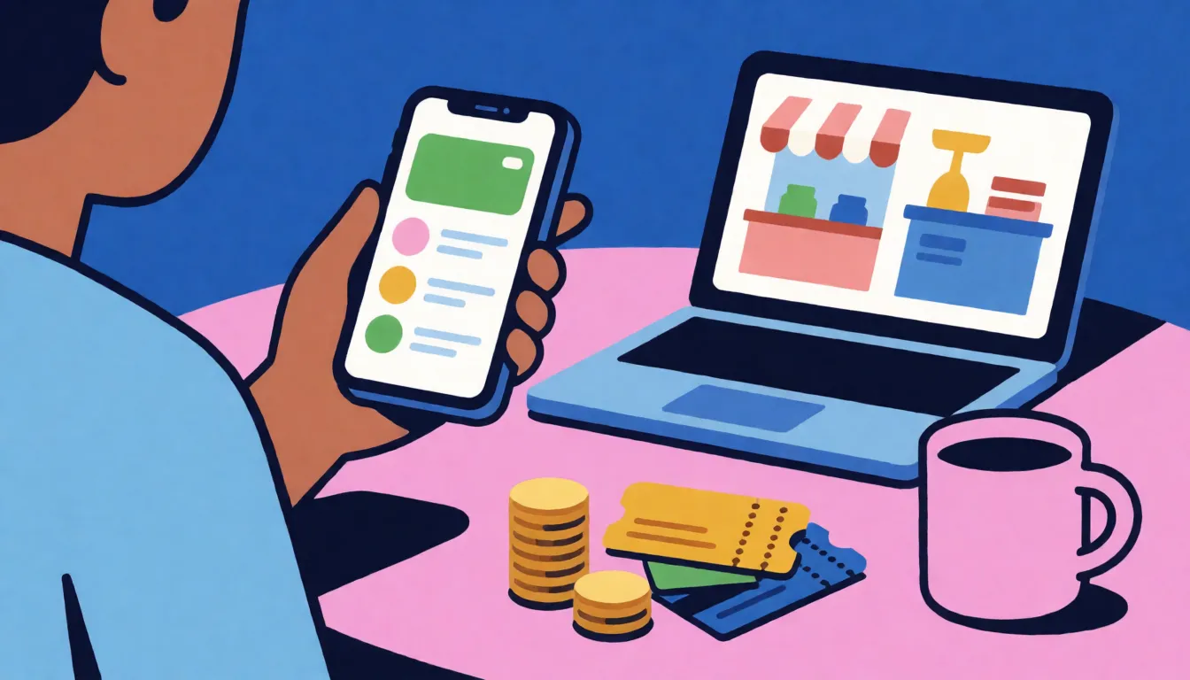 A person sitting at a kitchen table holding a smartphone that shows a rewards balance and a list of tasks, with a gift card and a coffee mug on the table.