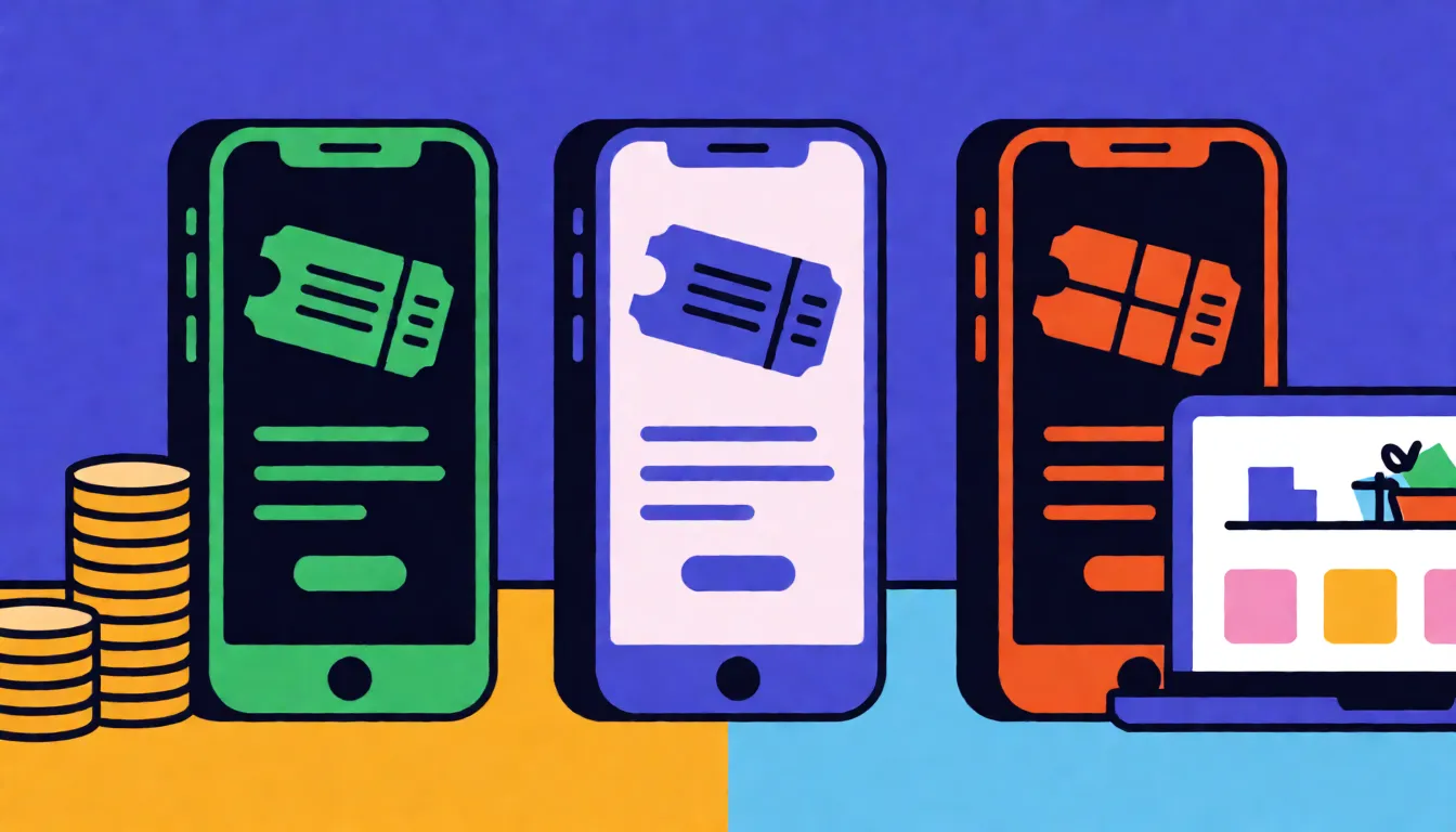 Three smartphones side by side on a table, one showing a dark screen with green highlights, one a light screen with violet highlights, and one a dark screen with orange highlights