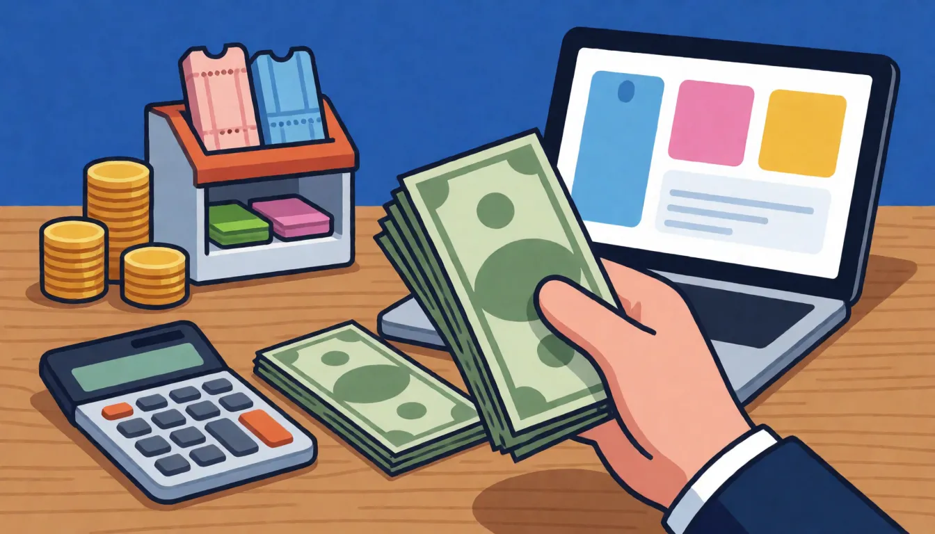 A hand holding a small stack of dollar bills with a few bills set apart on a wooden desk next to a calculator