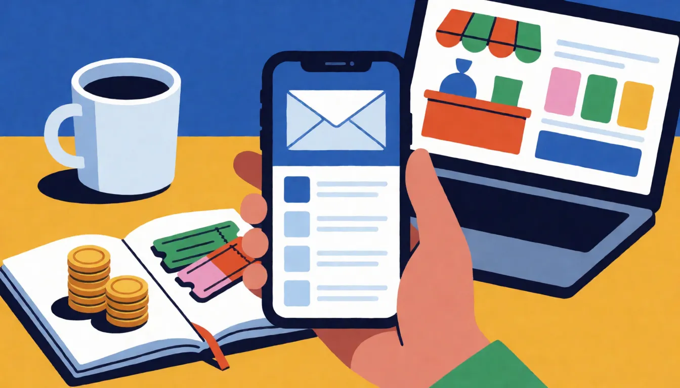 A hand holding a smartphone that shows an inbox with a new account verification email at the top, with a coffee mug and notebook on the desk behind it.