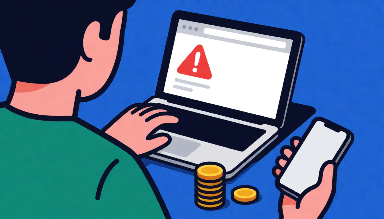 A person looking at a browser error page on a laptop while holding a phone in the other hand