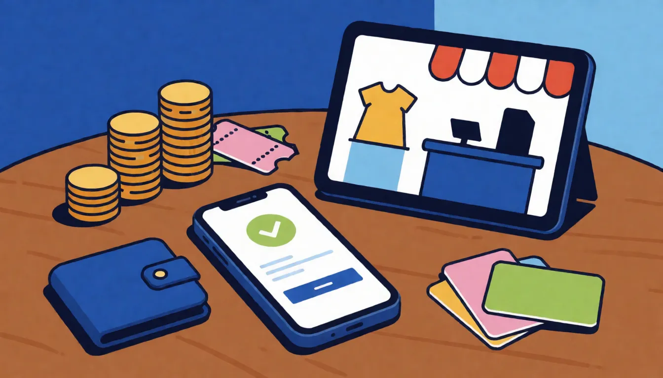 A phone on a wooden table showing a withdrawal screen next to a wallet and a few gift cards