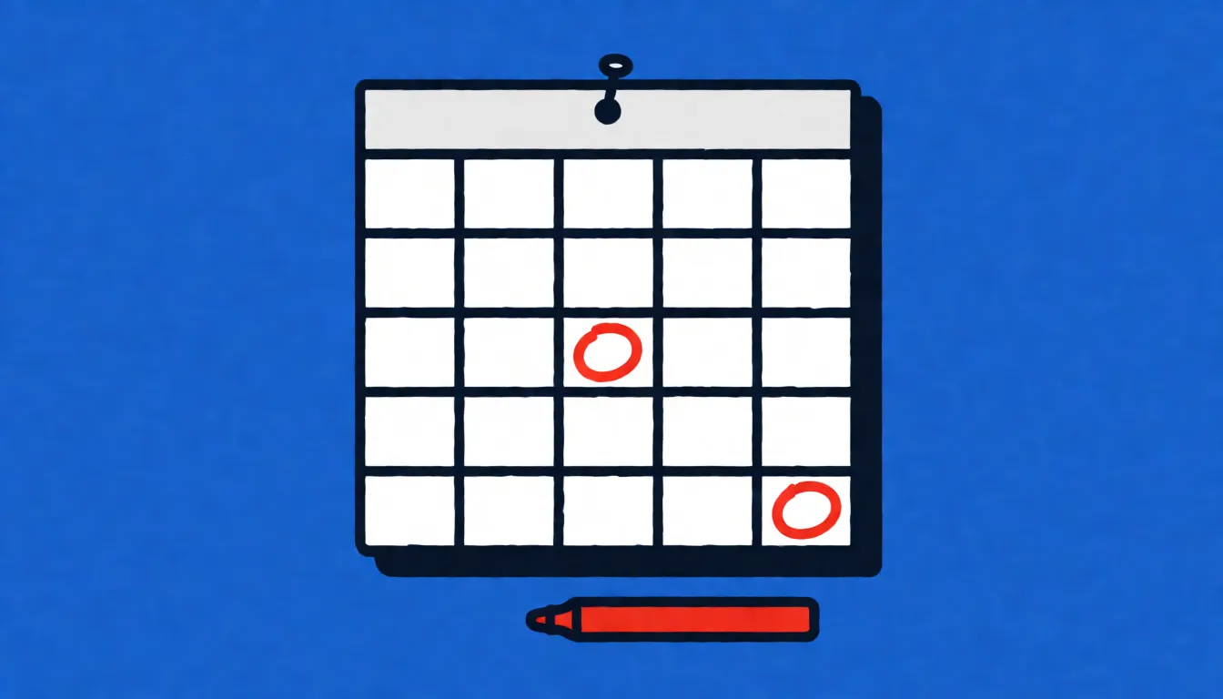 A paper wall calendar with two dates circled in red marker, one in the middle of the month and one on the last day, with a pen resting beside it
