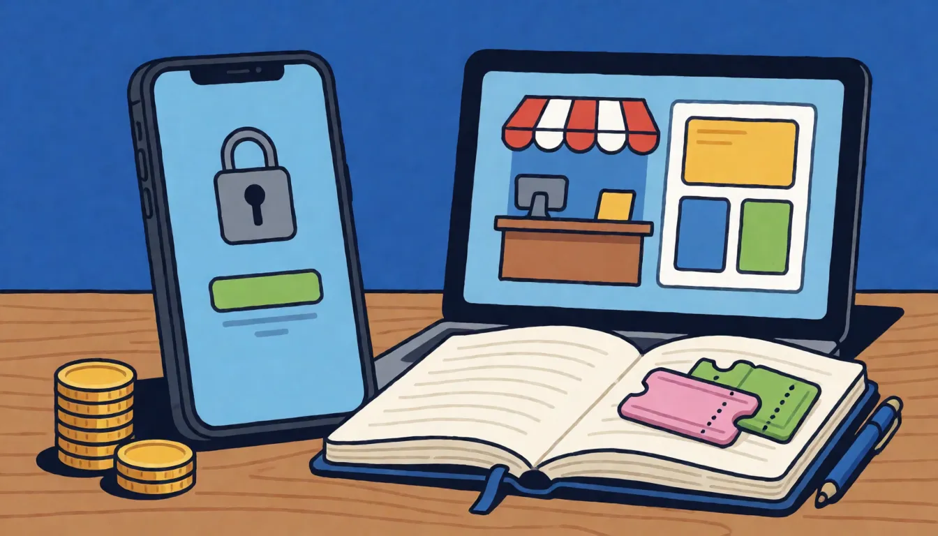A smartphone showing a locked account screen beside an open notebook on a wooden table